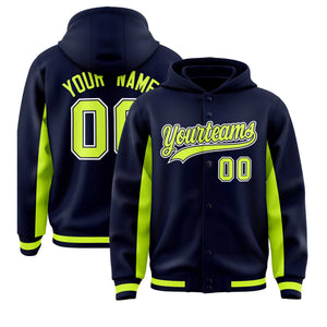 Custom Navy Neon Green Color Block Varsity Full-Snap Letterman Hoodie Jacket