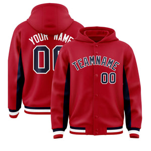 Custom Red Navy Color Block Varsity Full-Snap Letterman Hoodie Jacket