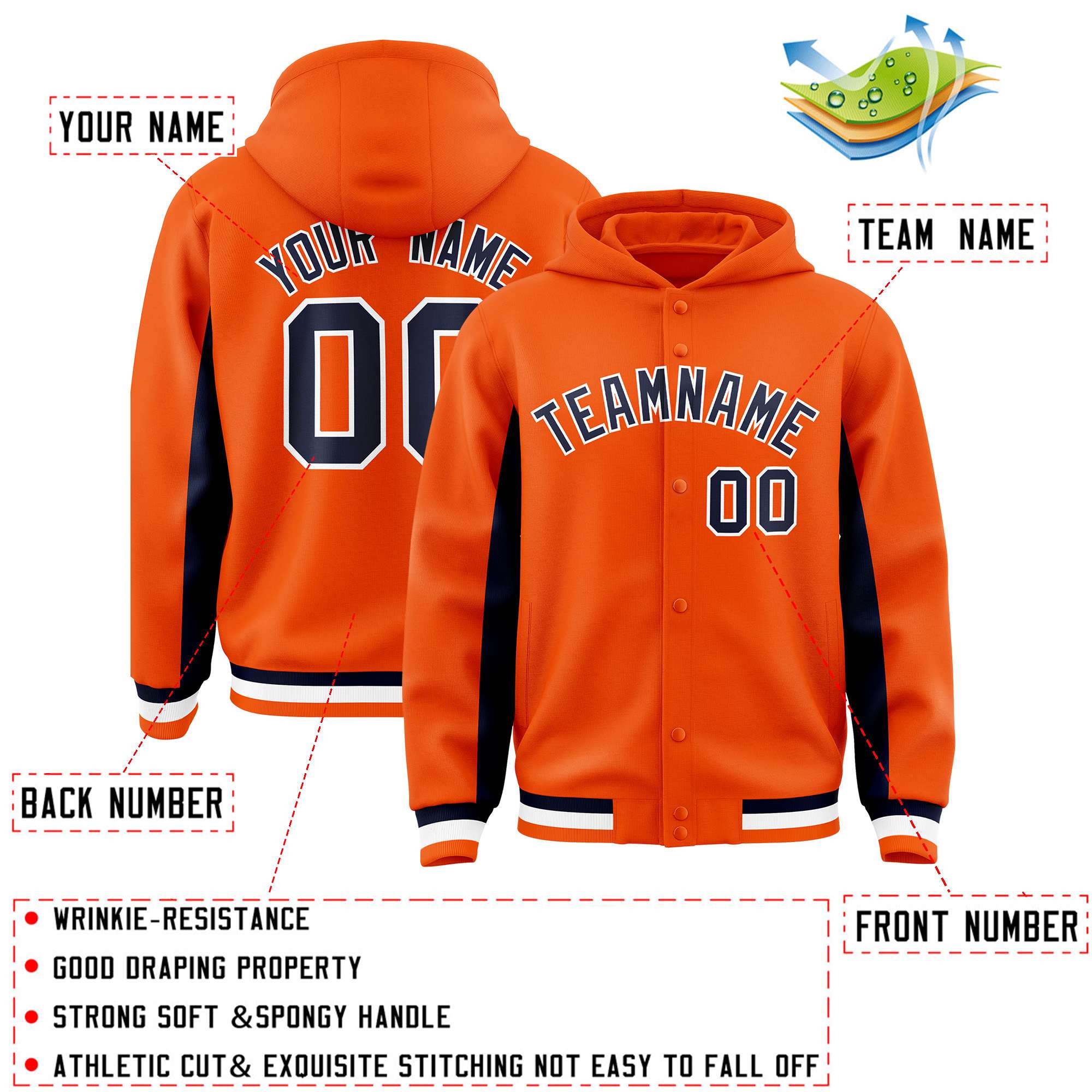 Custom Orange Navy Color Block Varsity Full-Snap Letterman Hoodie Jacket