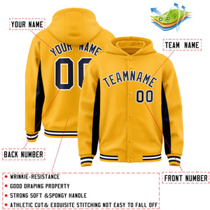 Custom Gold Navy Color Block Varsity Full-Snap Letterman Hoodie Jacket