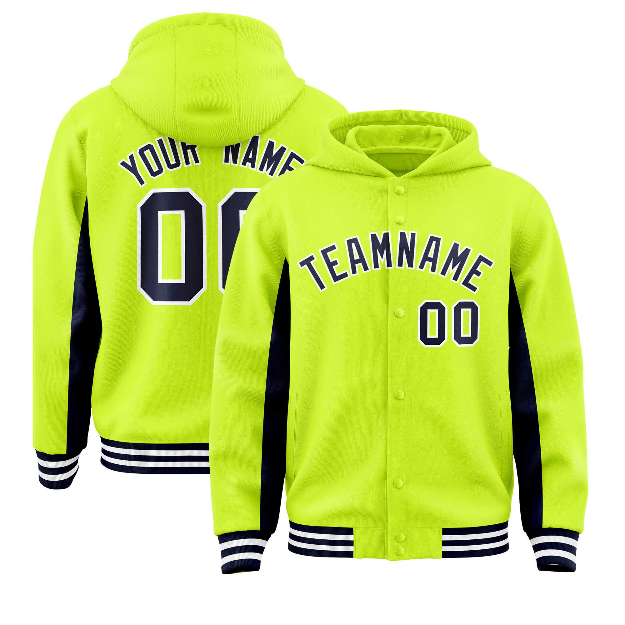 Custom Neon Green Navy Color Block Varsity Full-Snap Letterman Hoodie Jacket