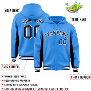 Custom Powder Blue Navy Color Block Varsity Full-Snap Letterman Hoodie Jacket