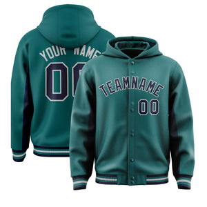 Custom Aqua Navy Color Block Varsity Full-Snap Letterman Hoodie Jacket