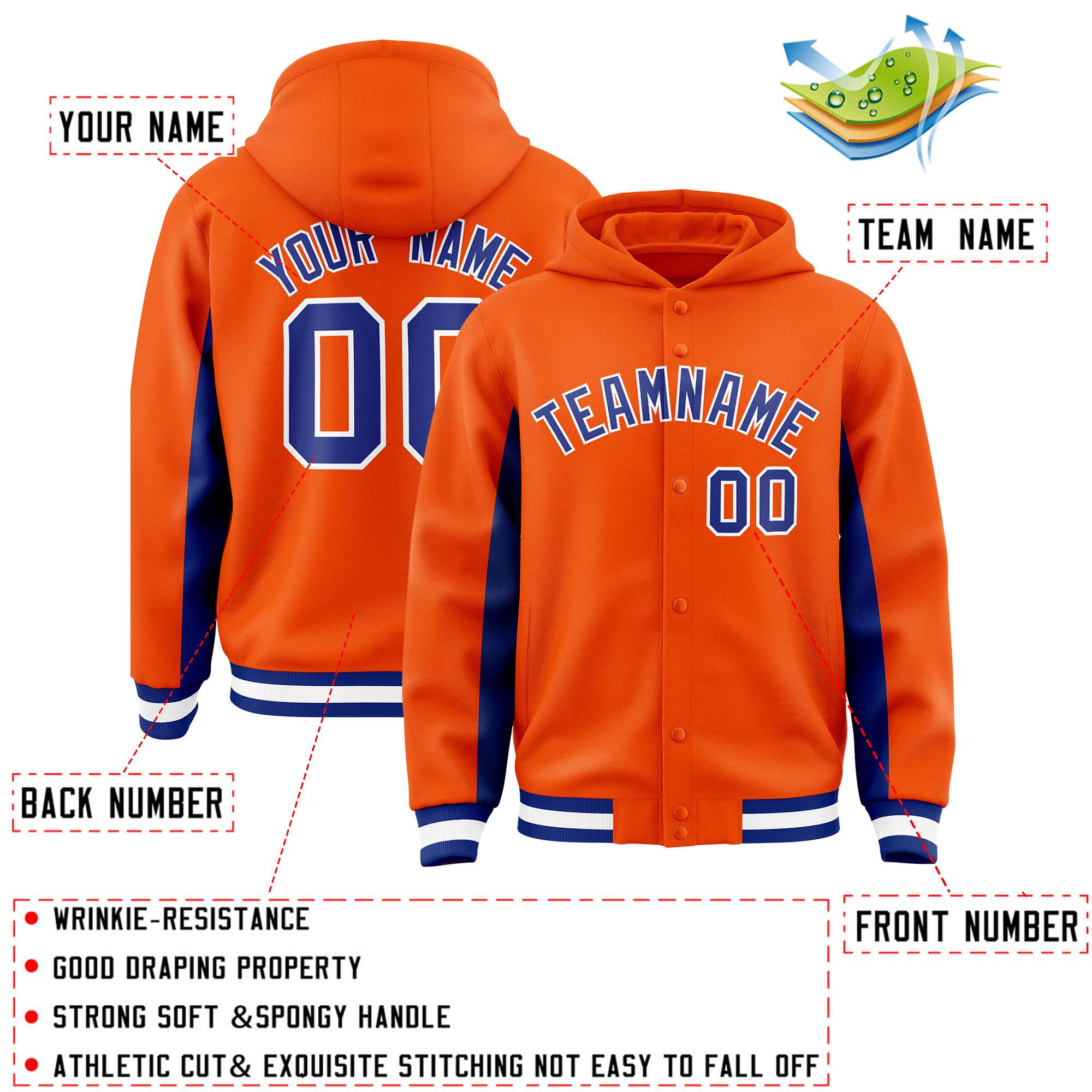 Custom Orange Royal Color Block Varsity Full-Snap Letterman Hoodie Jacket