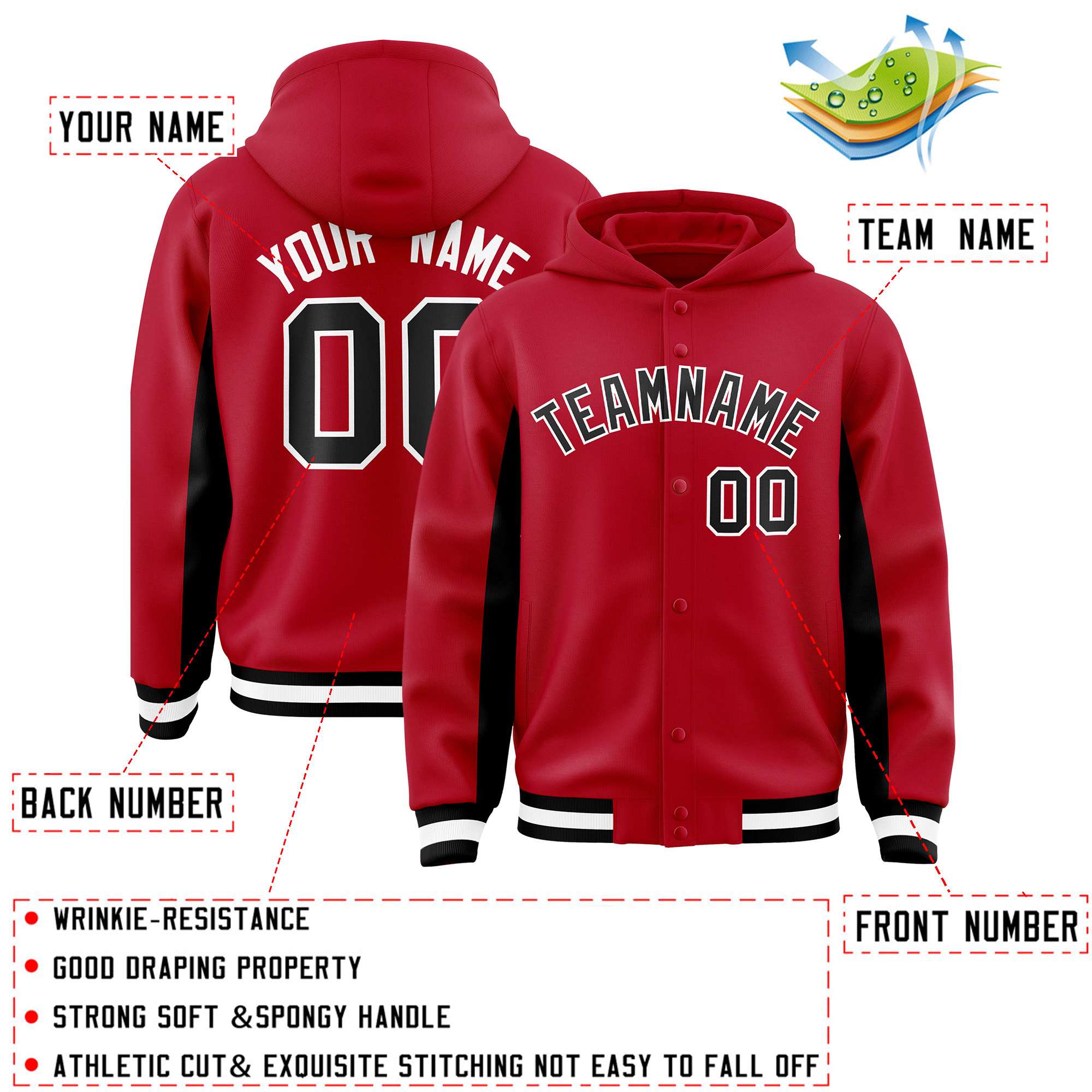 Custom Red Black Color Block Varsity Full-Snap Letterman Hoodie Jacket