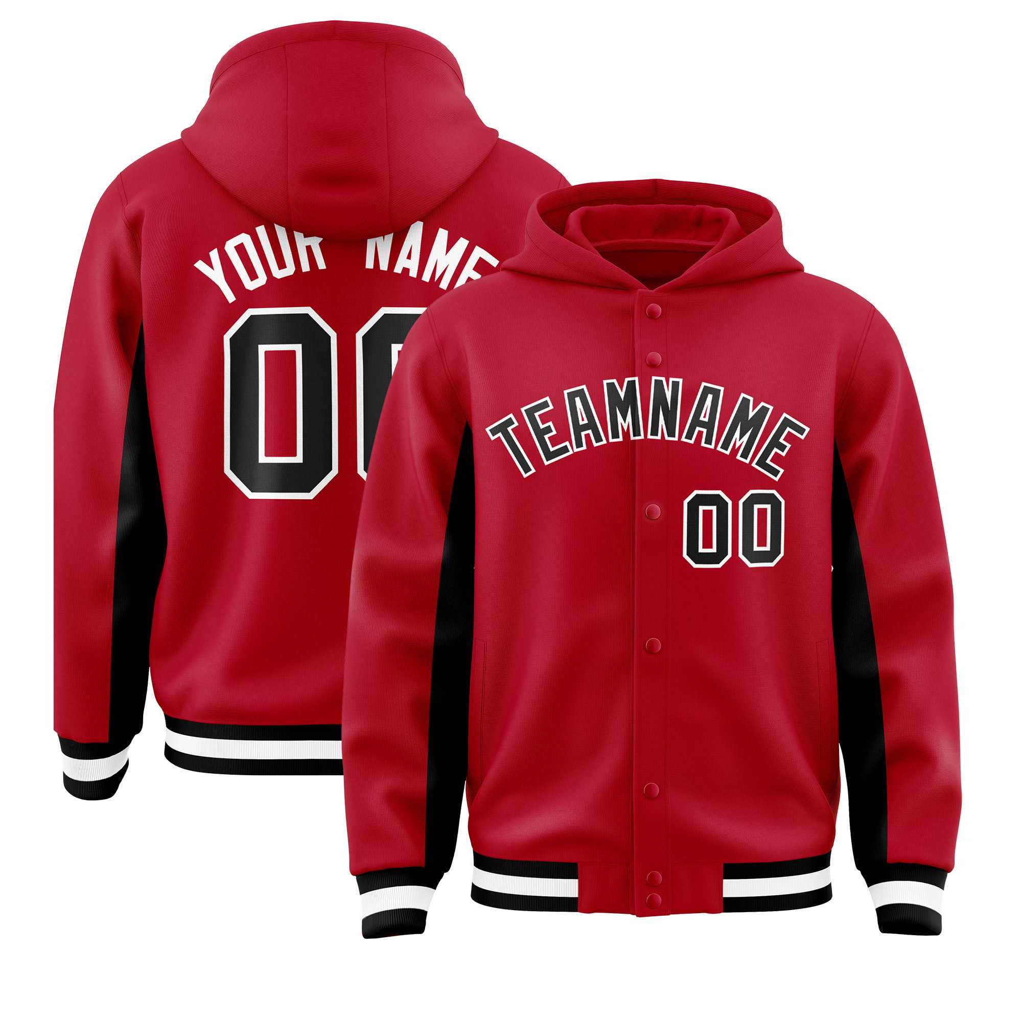 Custom Red Black Color Block Varsity Full-Snap Letterman Hoodie Jacket