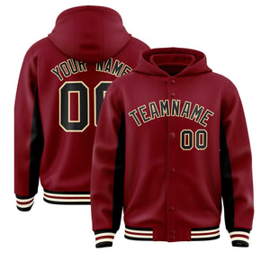 Custom Crimson Black Color Block Varsity Full-Snap Letterman Hoodie Jacket