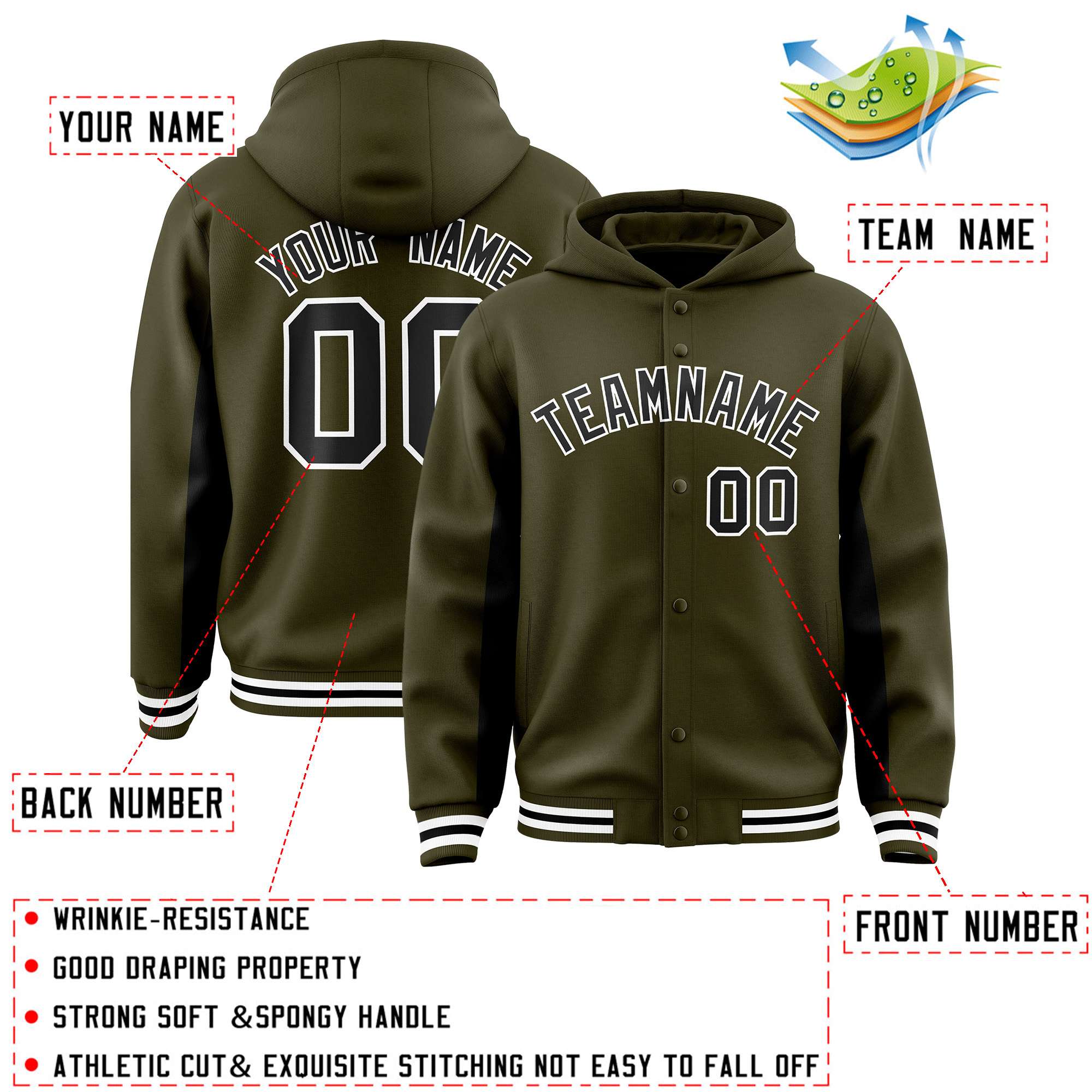 Custom Olive Black Color Block Varsity Full-Snap Letterman Hoodie Jacket