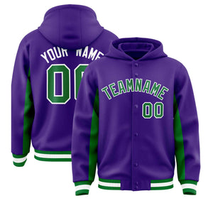 Custom Purple Kelly Green Color Block Varsity Full-Snap Letterman Hoodie Jacket