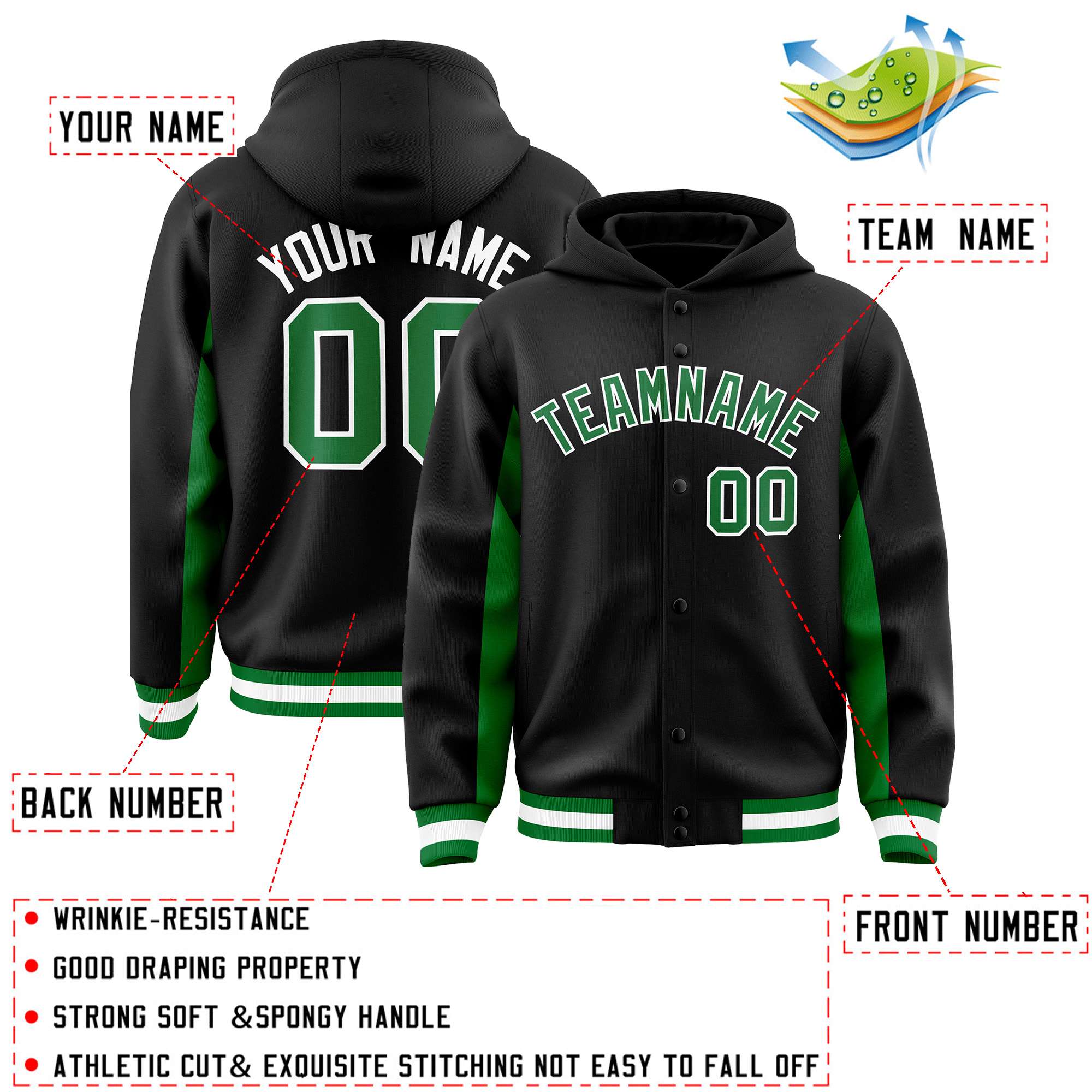 Custom Black Kelly Green Color Block Varsity Full-Snap Letterman Hoodie Jacket