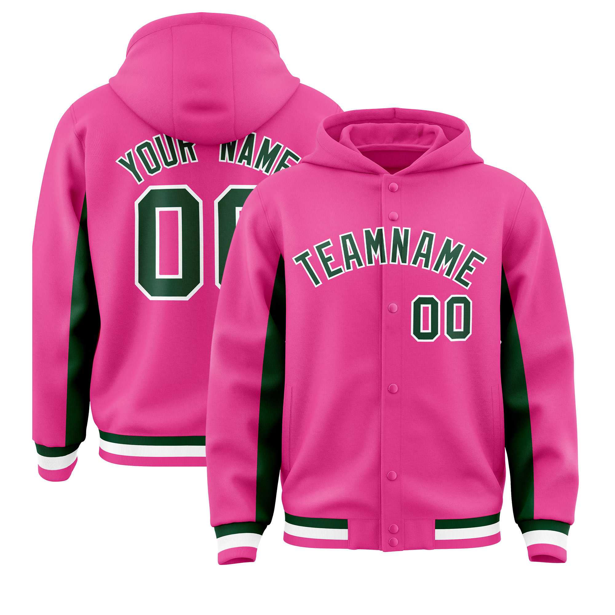 Custom Pink Green Color Block Varsity Full-Snap Letterman Hoodie Jacket