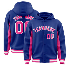 Custom Royal Pink Color Block Varsity Full-Snap Letterman Hoodie Jacket