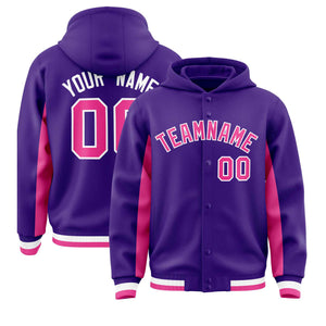 Custom Purple Pink Color Block Varsity Full-Snap Letterman Hoodie Jacket