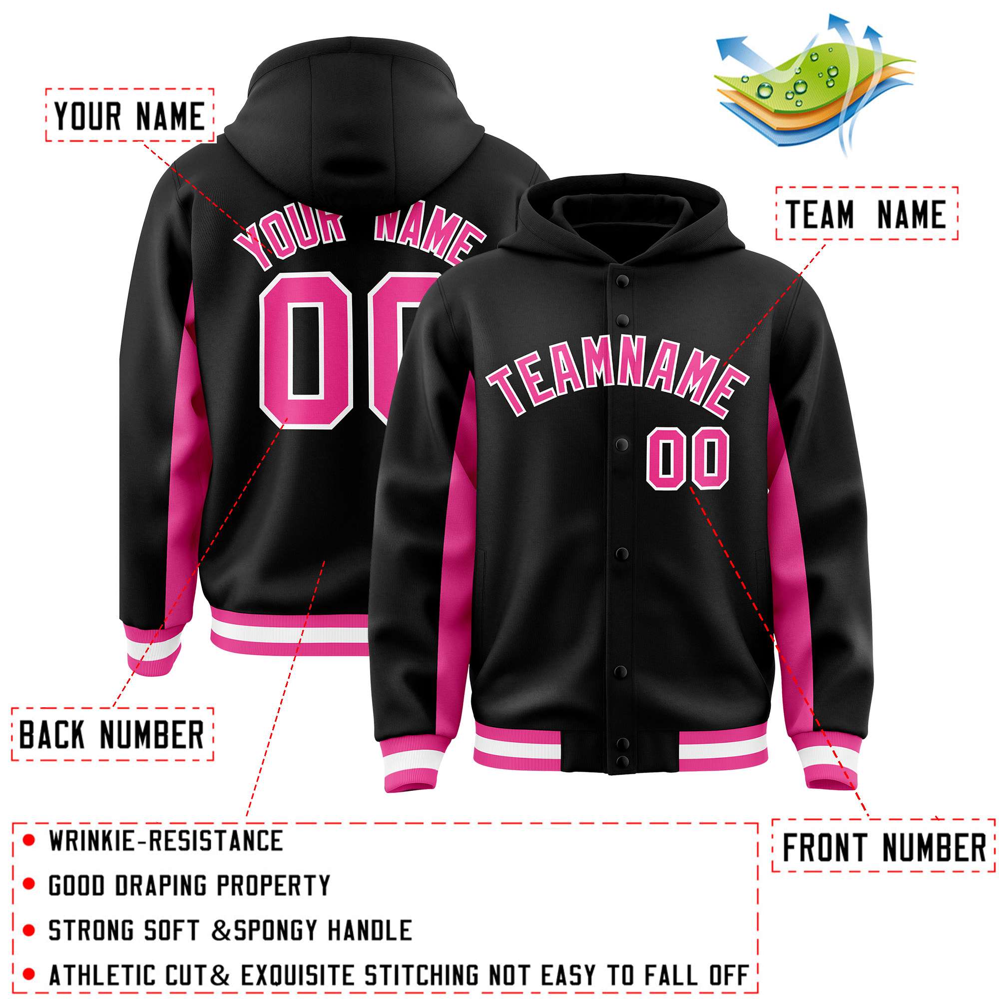 Custom Black Pink Color Block Varsity Full-Snap Letterman Hoodie Jacket