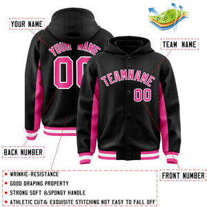 Custom Black Pink Color Block Varsity Full-Snap Letterman Hoodie Jacket