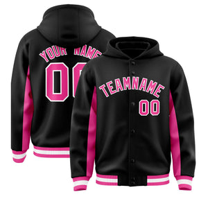 Custom Black Pink Color Block Varsity Full-Snap Letterman Hoodie Jacket