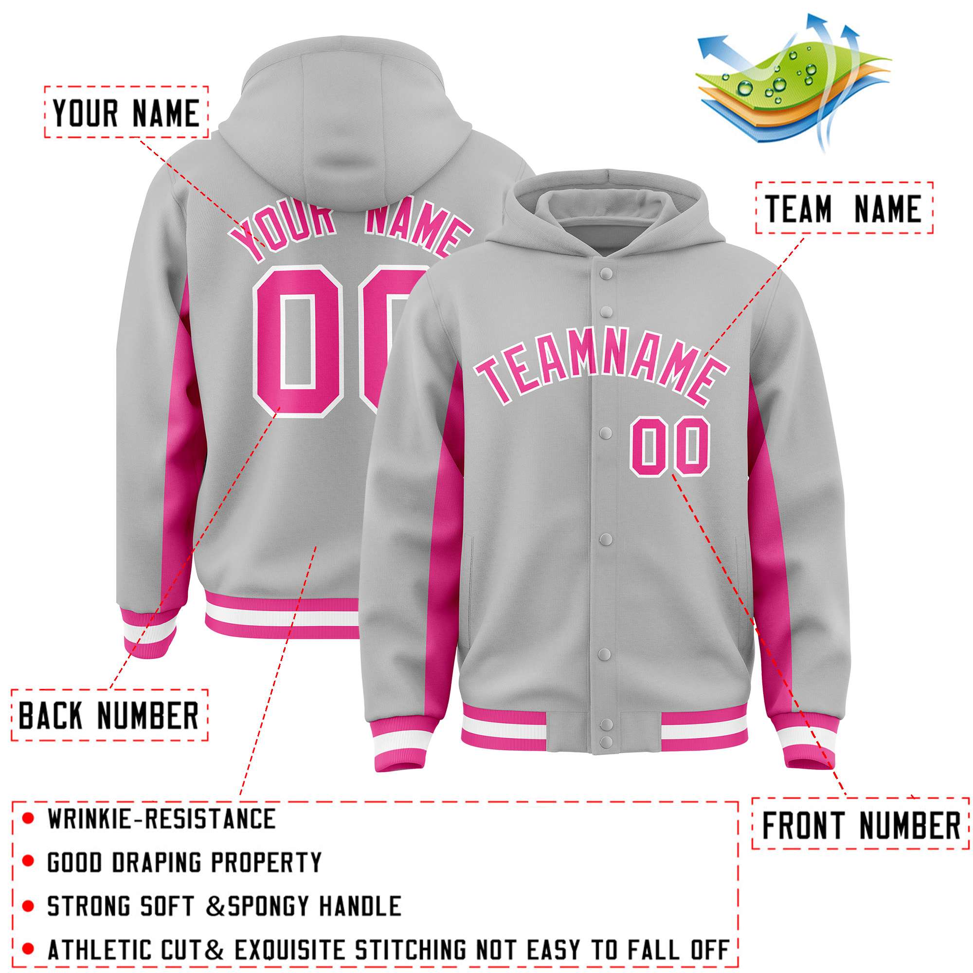 Custom Gray Pink Color Block Varsity Full-Snap Letterman Hoodie Jacket