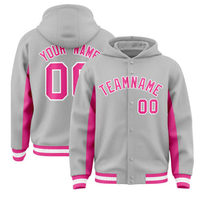 Custom Gray Pink Color Block Varsity Full-Snap Letterman Hoodie Jacket