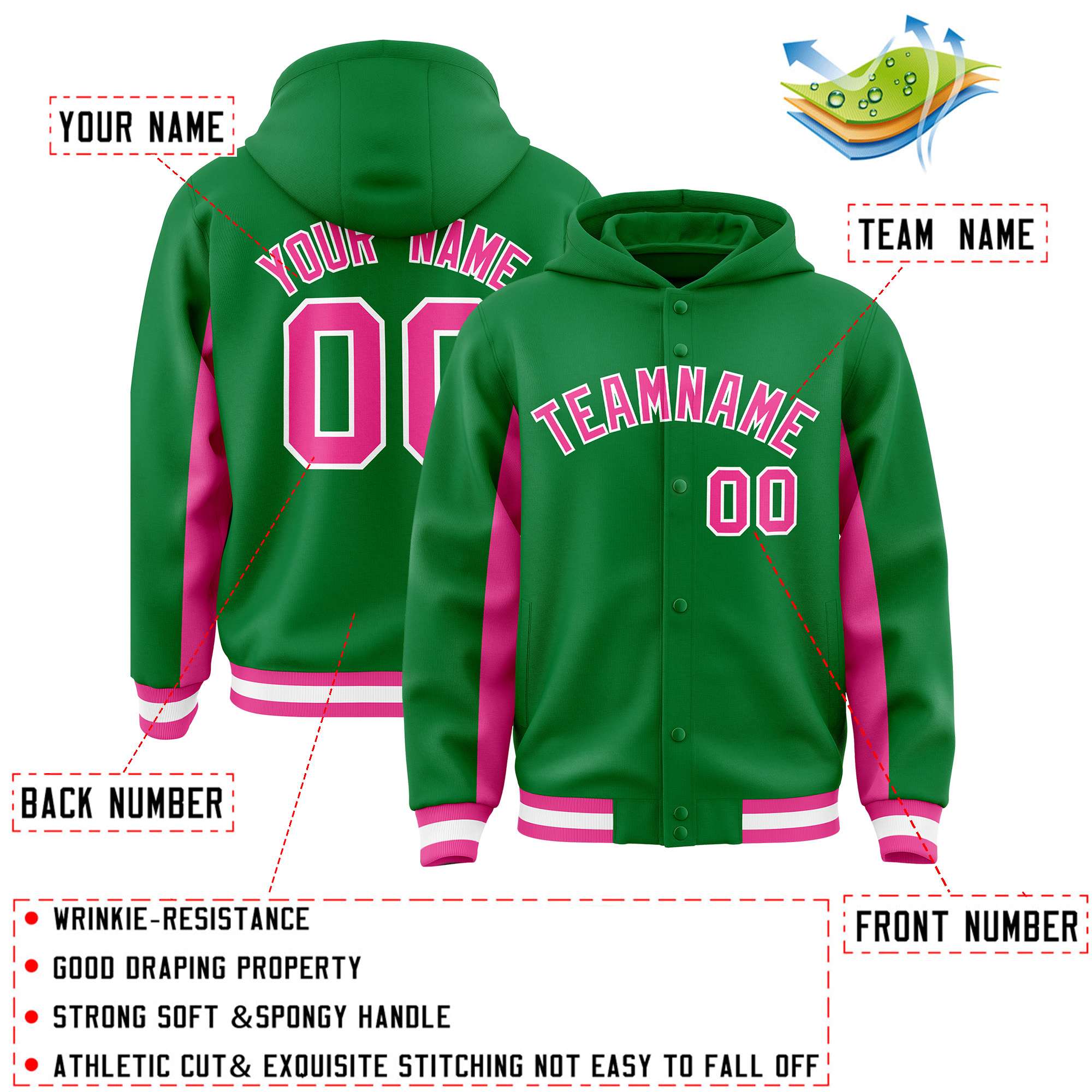 Custom Kelly Green Pink Color Block Varsity Full-Snap Letterman Hoodie Jacket