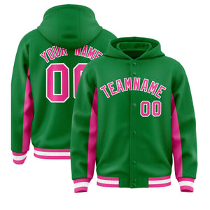 Custom Kelly Green Pink Color Block Varsity Full-Snap Letterman Hoodie Jacket