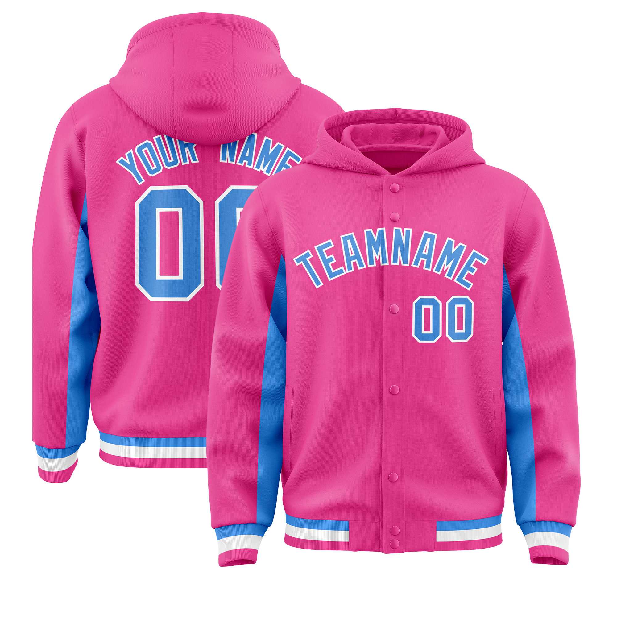 Custom Pink Powder Blue Color Block Varsity Full-Snap Letterman Hoodie Jacket