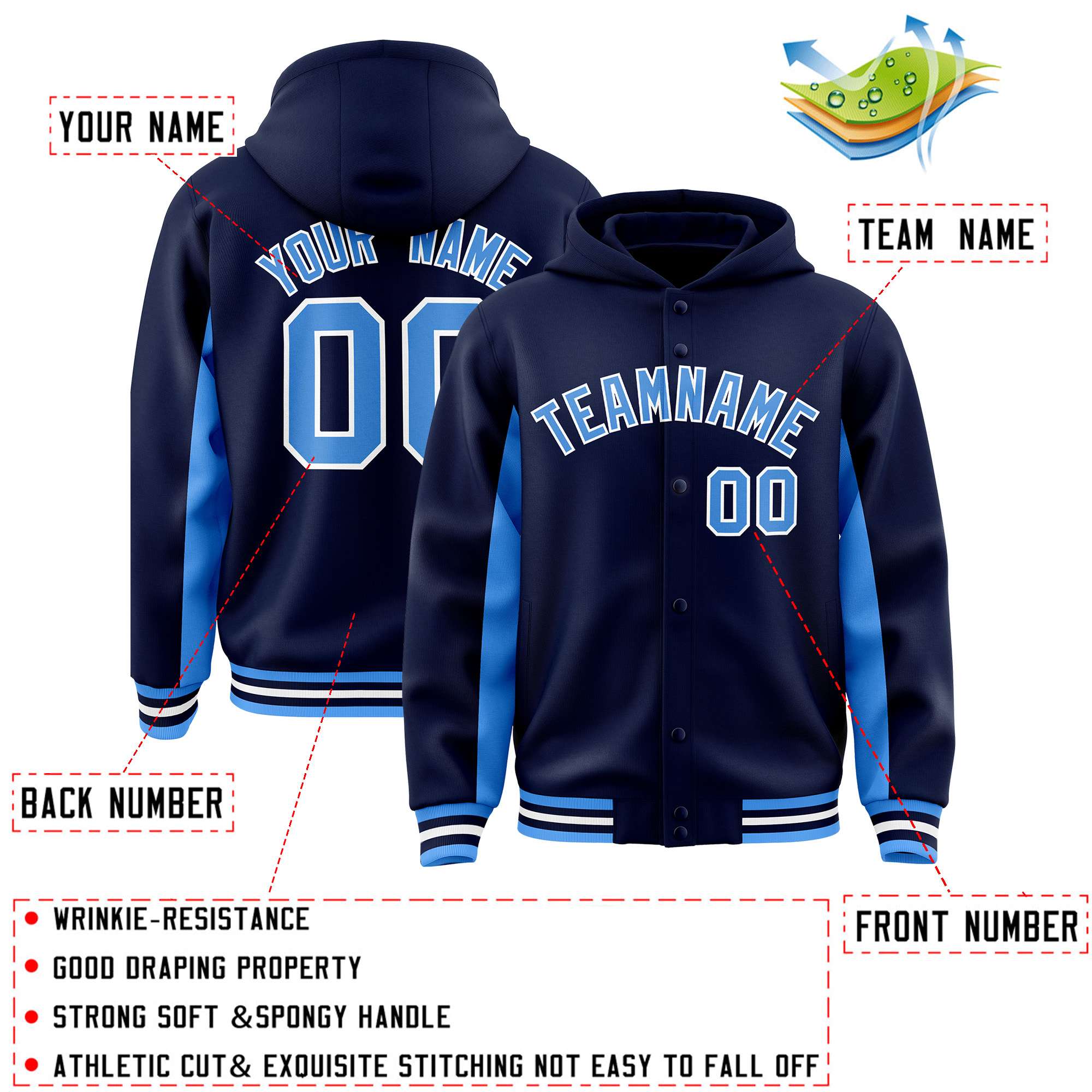 Custom Navy Powder Blue Color Block Varsity Full-Snap Letterman Hoodie Jacket