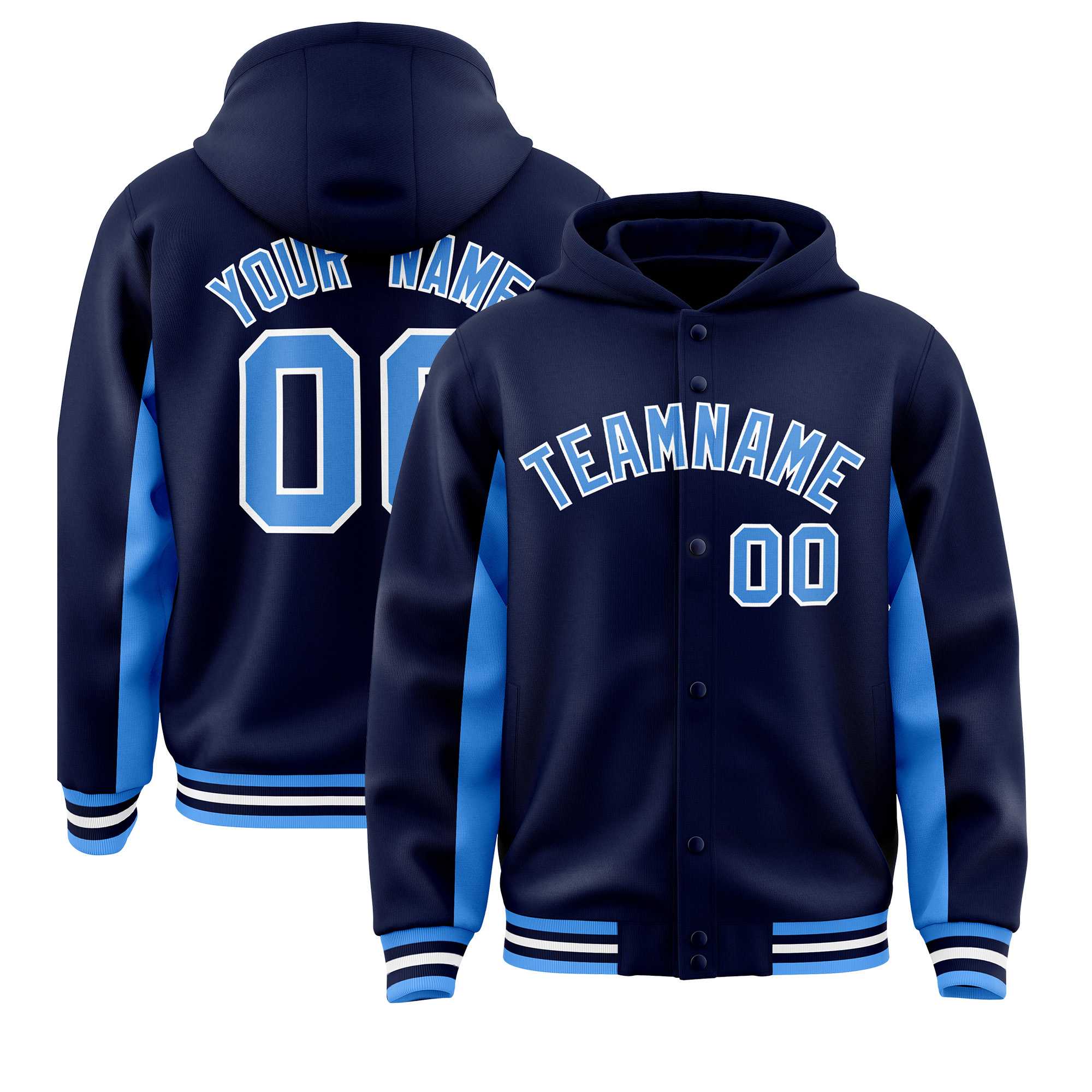 Custom Navy Powder Blue Color Block Varsity Full-Snap Letterman Hoodie Jacket