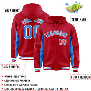 Custom Red Powder Blue Color Block Varsity Full-Snap Letterman Hoodie Jacket