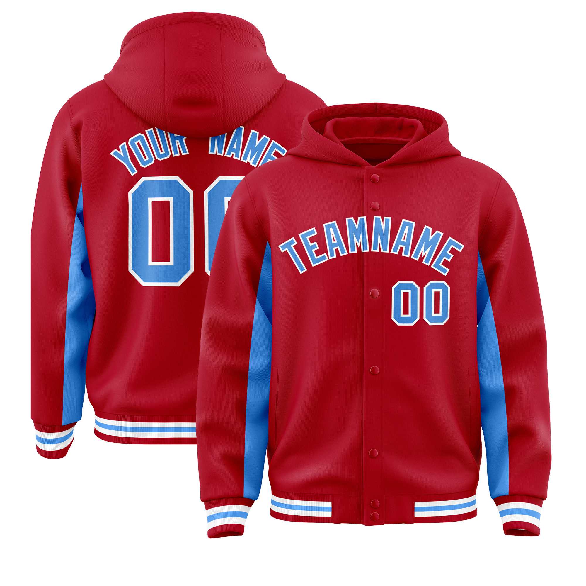 Custom Red Powder Blue Color Block Varsity Full-Snap Letterman Hoodie Jacket