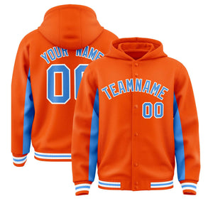 Custom Orange Powder Blue Color Block Varsity Full-Snap Letterman Hoodie Jacket