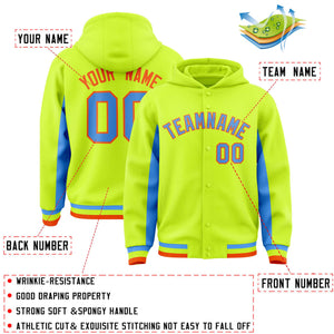 Custom Neon Green Powder Blue Color Block Varsity Full-Snap Letterman Hoodie Jacket