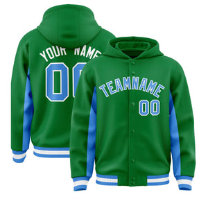 Custom Kelly Green Powder Blue Color Block Varsity Full-Snap Letterman Hoodie Jacket