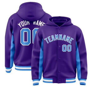 Custom Purple Powder Blue Color Block Varsity Full-Snap Letterman Hoodie Jacket