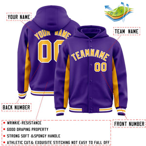 Custom Purple Gold Color Block Varsity Full-Snap Letterman Hoodie Jacket