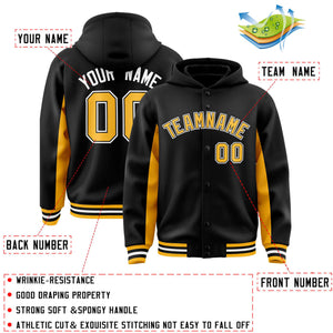 Custom Black Gold Color Block Varsity Full-Snap Letterman Hoodie Jacket