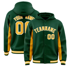 Custom Green Gold Color Block Varsity Full-Snap Letterman Hoodie Jacket