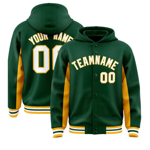 Custom Green Gold Color Block Varsity Full-Snap Letterman Hoodie Jacket