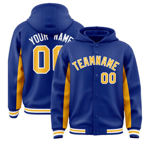 Custom Royal Gold Color Block Varsity Full-Snap Letterman Hoodie Jacket