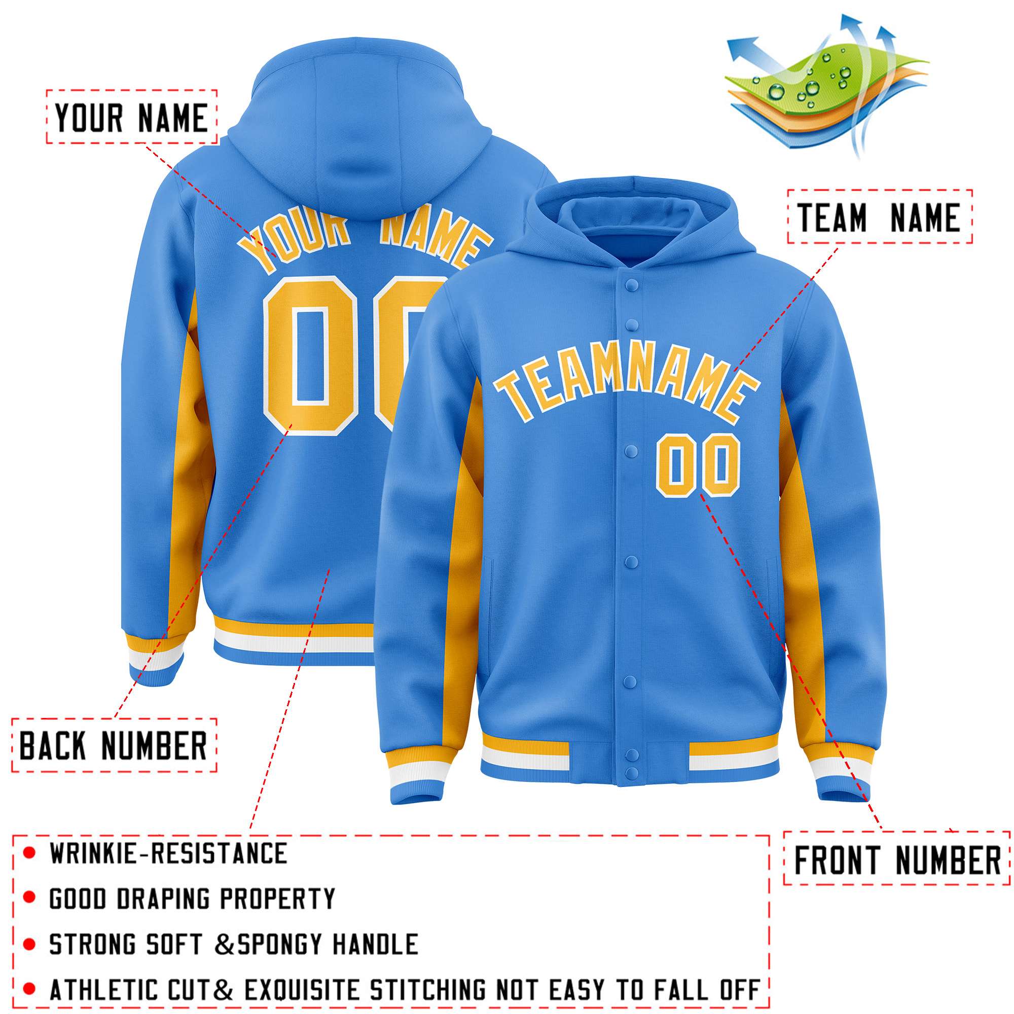 Custom Powder Blue Gold Color Block Varsity Full-Snap Letterman Hoodie Jacket