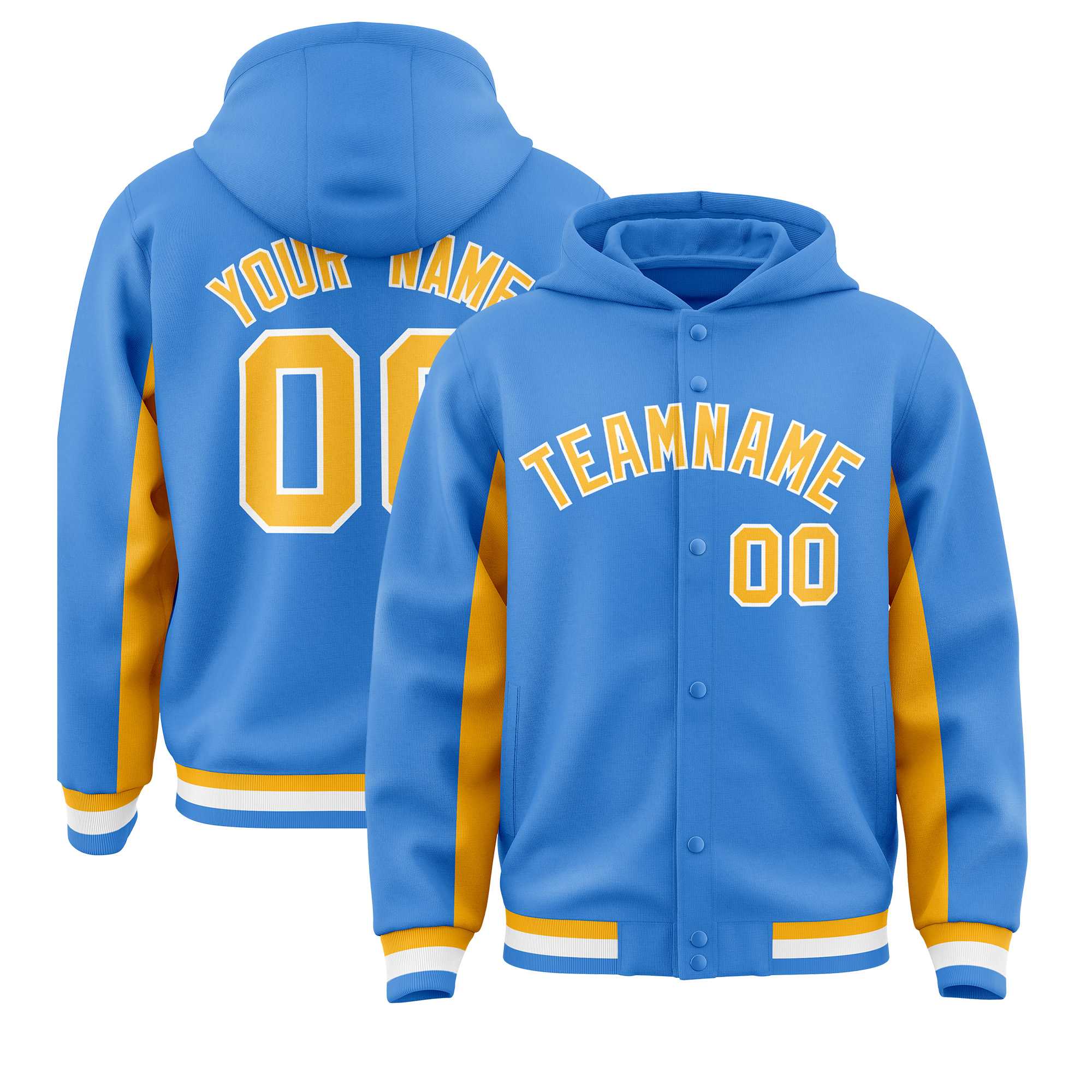 Custom Powder Blue Gold Color Block Varsity Full-Snap Letterman Hoodie Jacket