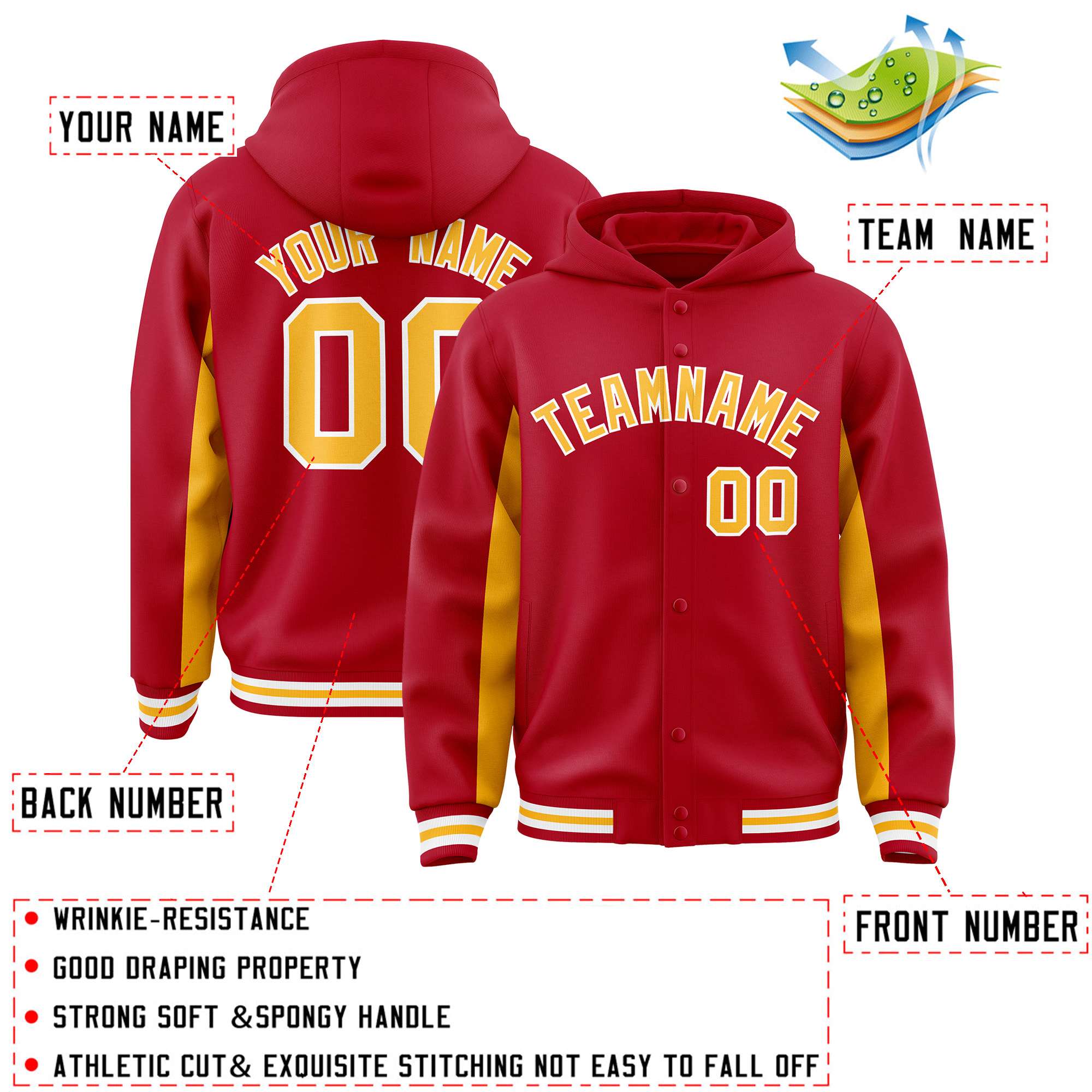 Custom Red Gold Color Block Varsity Full-Snap Letterman Hoodie Jacket