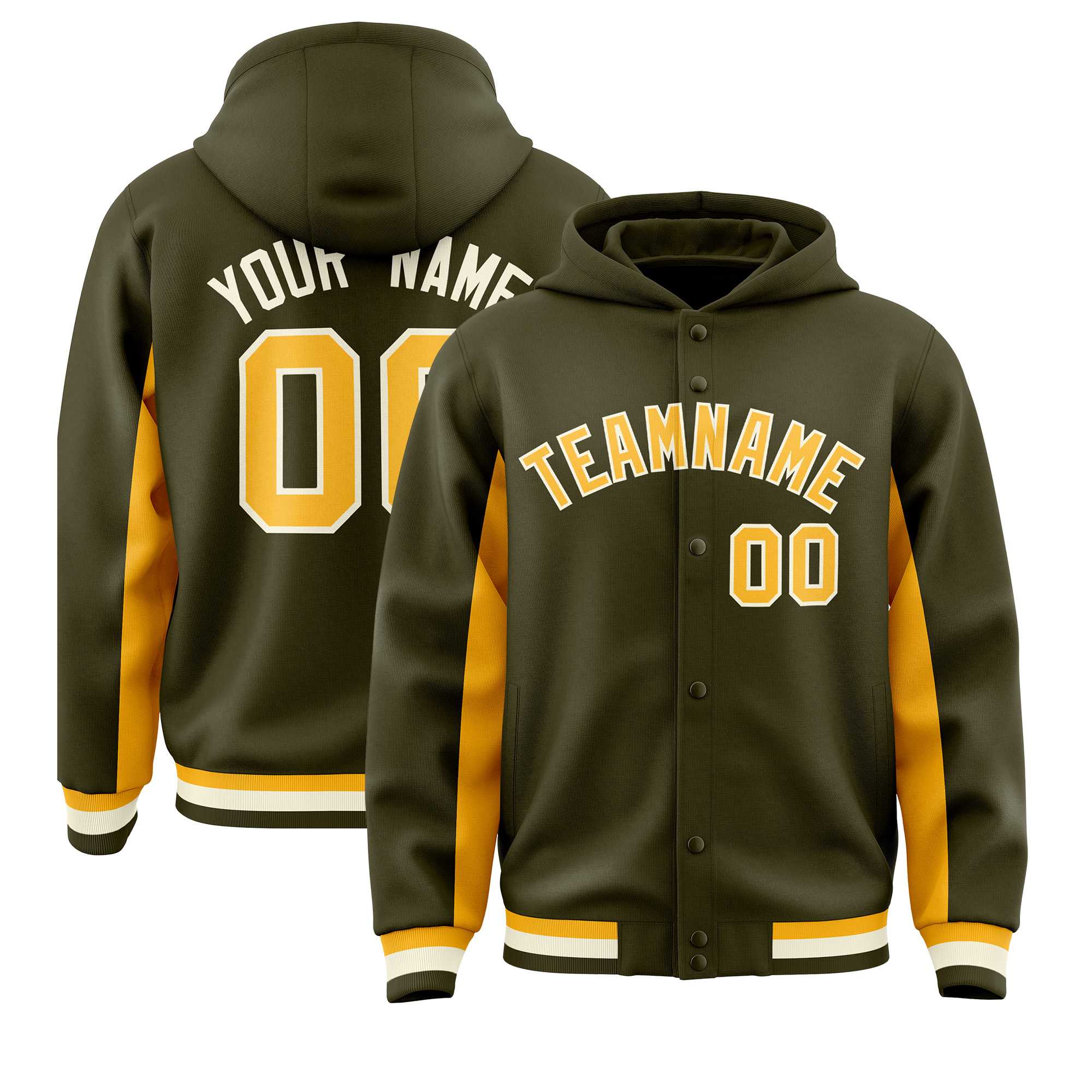 Custom Olive Gold Color Block Varsity Full-Snap Letterman Hoodie Jacket