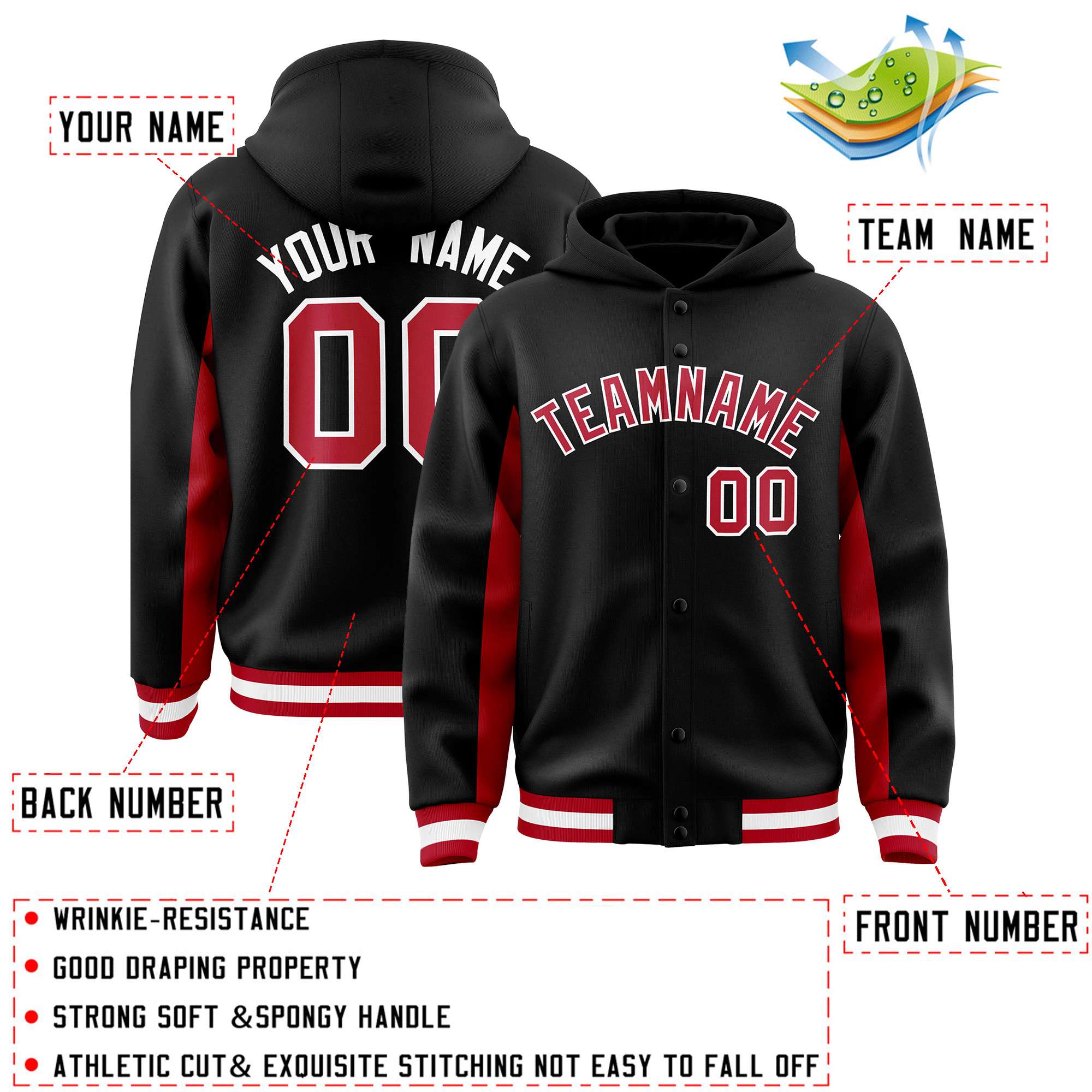 Custom Black Red Color Block Varsity Full-Snap Letterman Hoodie Jacket