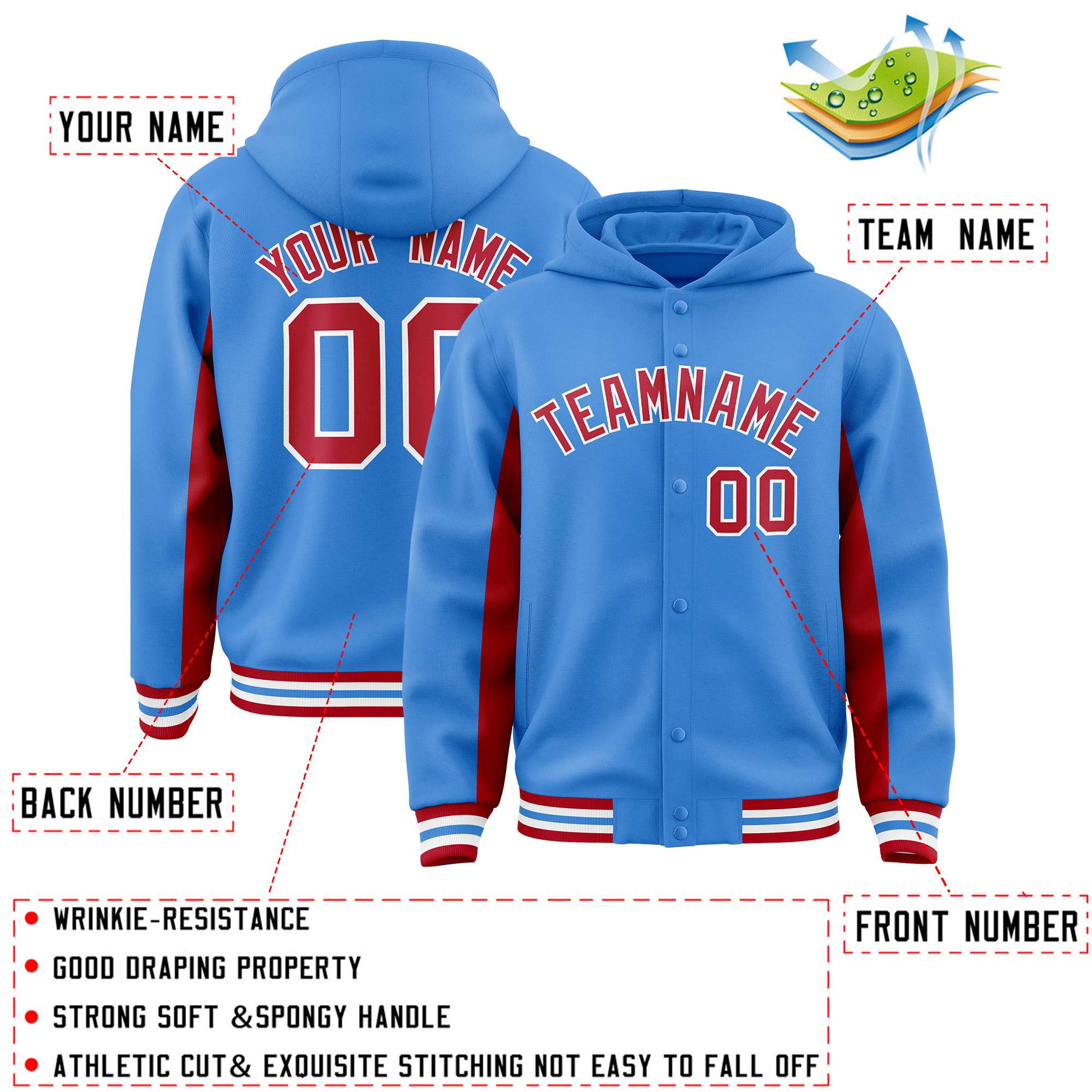 Custom Powder Blue Red Color Block Varsity Full-Snap Letterman Hoodie Jacket