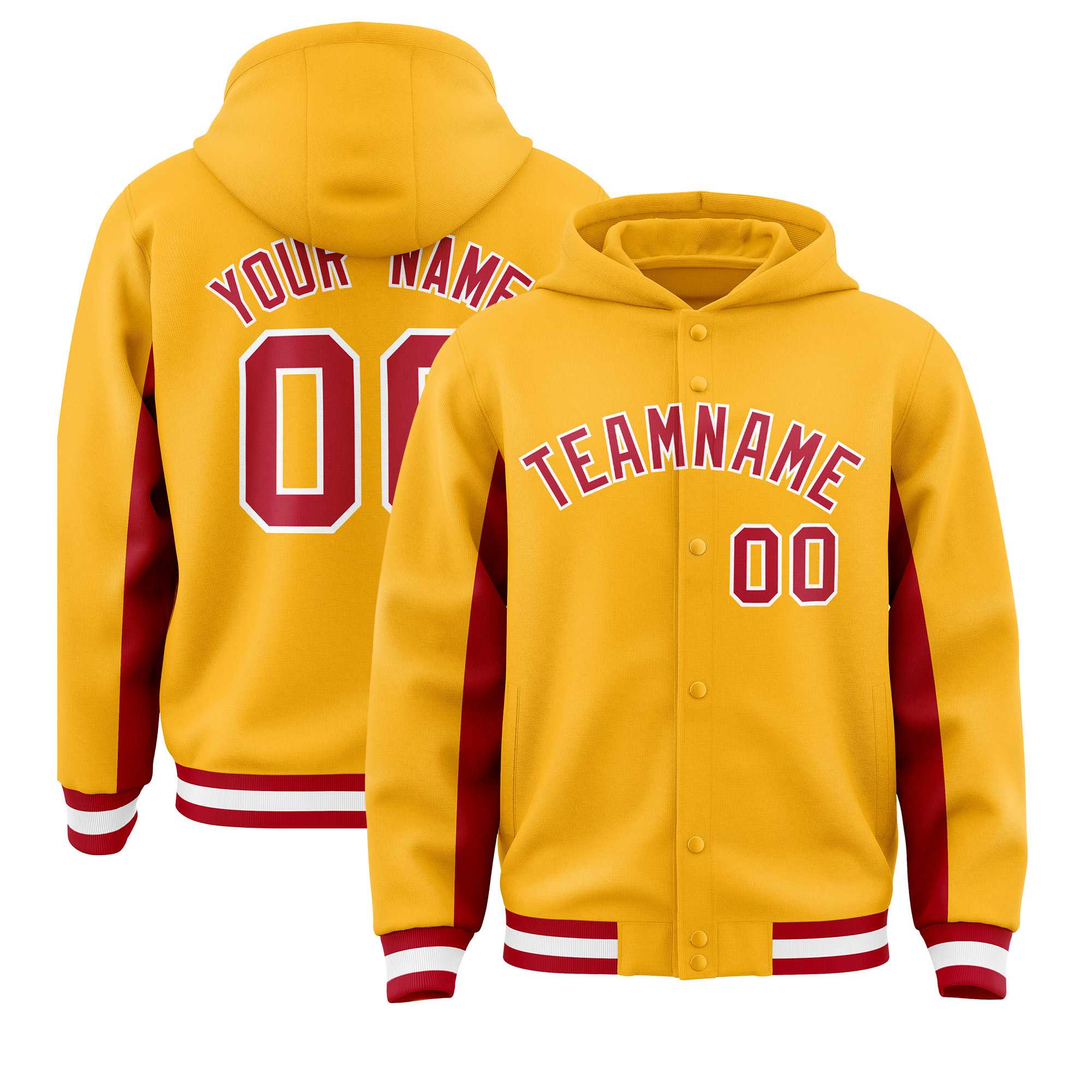 Custom Gold Red Color Block Varsity Full-Snap Letterman Hoodie Jacket