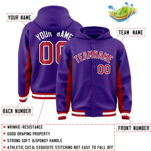 Custom Purple Red Color Block Varsity Full-Snap Letterman Hoodie Jacket