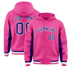 Custom Pink Purple Color Block Varsity Full-Snap Letterman Hoodie Jacket