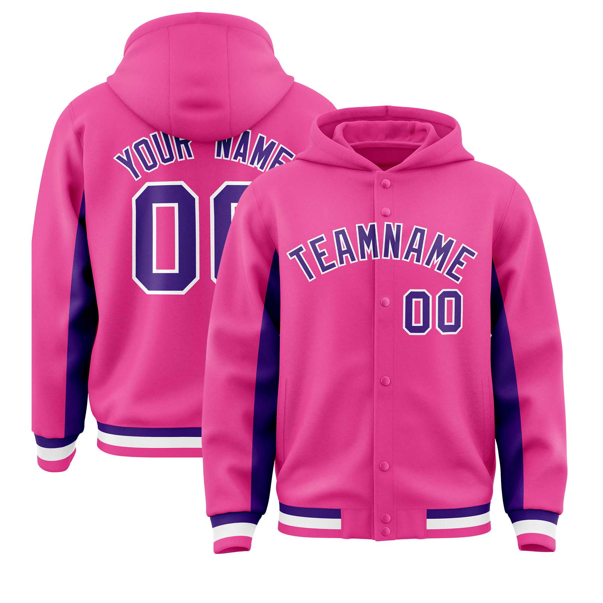 Custom Pink Purple Color Block Varsity Full-Snap Letterman Hoodie Jacket