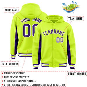 Custom Neon Green Purple Color Block Varsity Full-Snap Letterman Hoodie Jacket