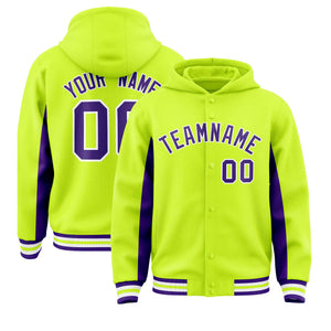 Custom Neon Green Purple Color Block Varsity Full-Snap Letterman Hoodie Jacket